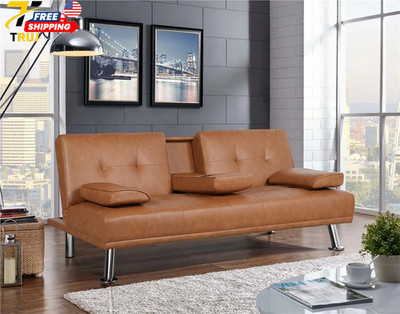 Faux Leather Futon Sofa Modern Style with Cupholders and Pillows Brown