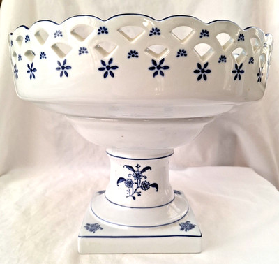 Danish Porcelain Blue & White Delft Style Pierced Lattice Large 12 1/2'' Compote