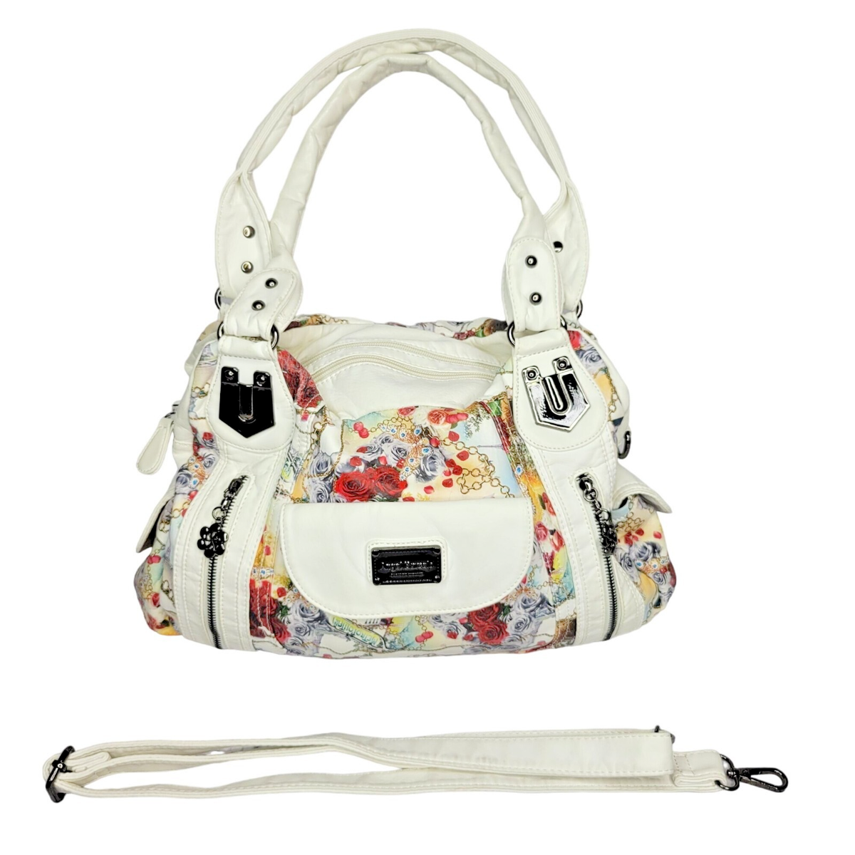 Angel Barcelo Women Shoulder Bag Handbag W/ Detachable Strap White Floral  Print
