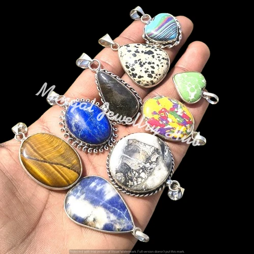 Calsilica & Mix Gemstone 925 Sterling Silver Plated Pendants Jewellery 5PCS Lot - product listing photo