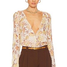 Free People Intimately Floral Long Sleeve Bodysuit Cream Gold Rose V-Neck Small