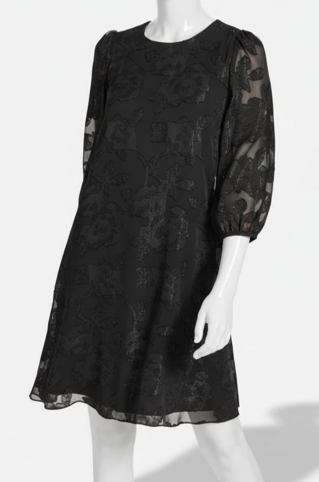 Calvin Klein Women's Black Chiffon Floral Round Neck 3/4 Sleeve Dress Size 6