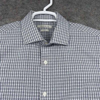 Perry Ellis Shirt Mens 16 32/33 Blue Check Slim Wrinkle Free Dress Long  Sleeve | eBay