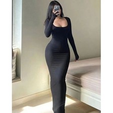 Women's Long Sleeve Bodycon Maxi Dress Slim Fit Casual Scoop Neck
