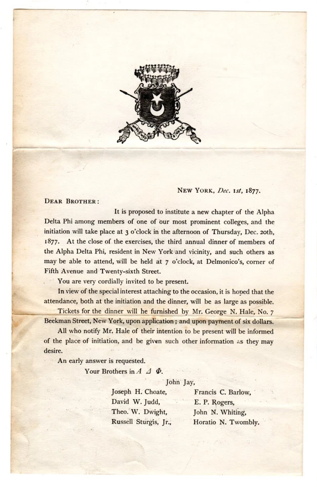 1877 Alpha Delta Phi New York Society Yale Invitation 1907 Autograph Note Choate - Image 2 of 4