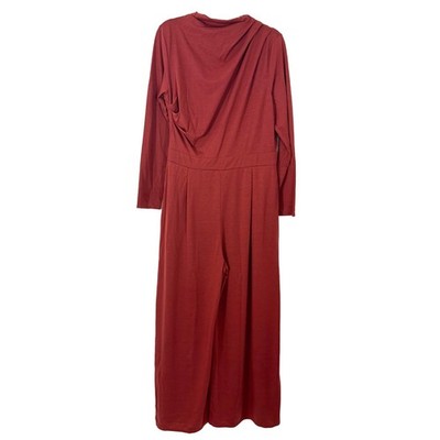HALARA Long Sleeve Mock Neck Wide Leg Jumpsuit XL Rust Orange/Red Knit NWT B46