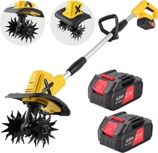 Cordless Electric Tiller, 270RPM High Speed Cordless Tiller, Cultivator with 2*4