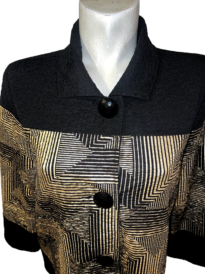 Chaqueta para mujer JM COLLECTION talla M negra dorada estampado geométrico botón cárdigan Foto 2 de 4