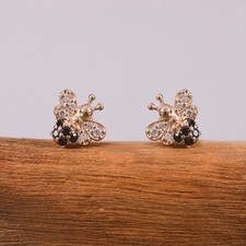 Black  White Diamond Bee Mini Studs Earrings Solid 14K Yellow Gold Dainty Studs