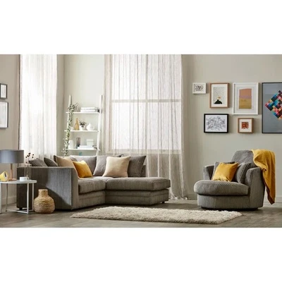 L SHAPED Jumbo Grey L-Shaped Cord Right & Left hand Corner Sofa Suite Dylan Swivel Chair