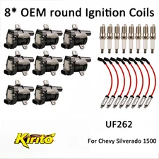 Set of 8 Round Ignition Coil Pack UF262 with Spark Plug and Wire For Chevy GMC