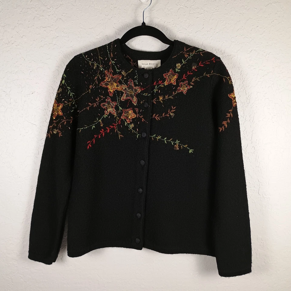 Suéter Susan Bristol Mediano Negro 100% Lana Cárdigan Bordado Usable Arte Foto 2 de 4