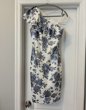 Eliza J Women's Size 6 White/Blue Floral One-Shoulder Sheath Knee Dress Ruffle