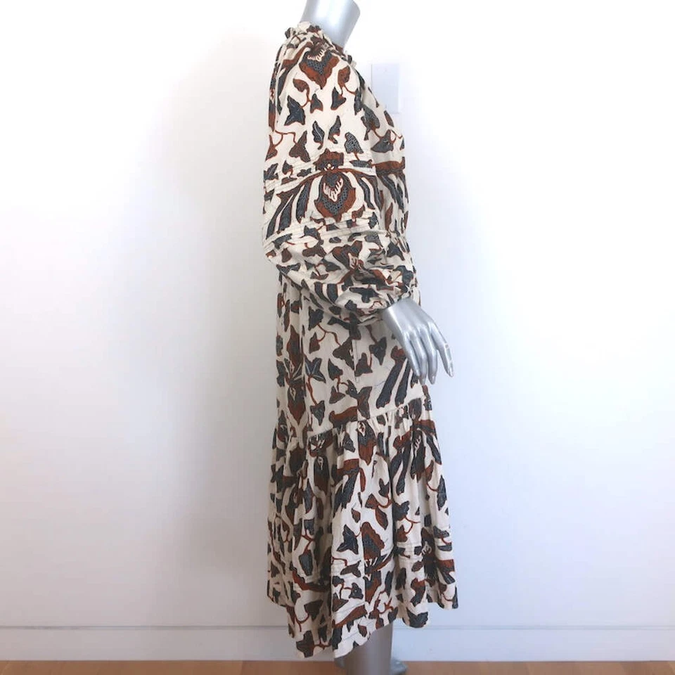 Ulla Johnson Ambre Balloon Sleeve Midi Dress Cream/Brown Printed Poplin Size 6 - Image 3 of 4