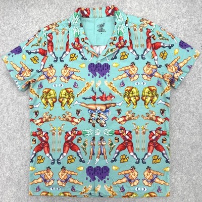 Twitch Street Fighter Shirt Men M Teal Pixel Art Button Down Gamer Retro Limited