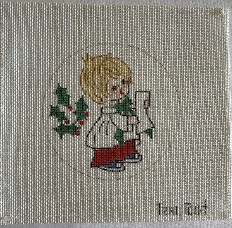 Vtg Tray Point Little Choir Boy Sing Christmas Round Ornament Needlepoint Canvas - Image 2 of 4