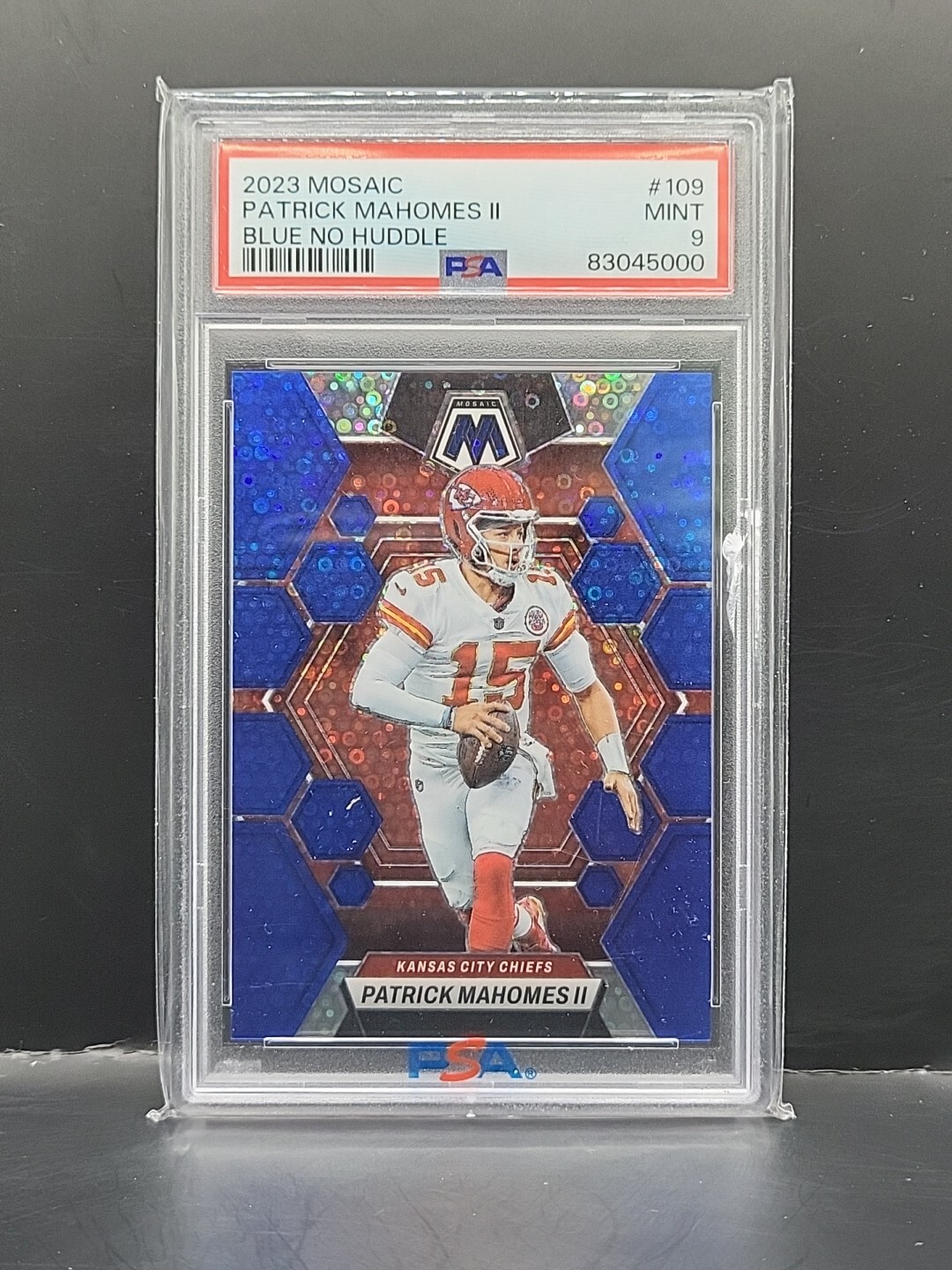 2023 Mosaic - Patrick mahomes II #109 Blue No Huddle #d/75 Chiefs PSA 9 Mint