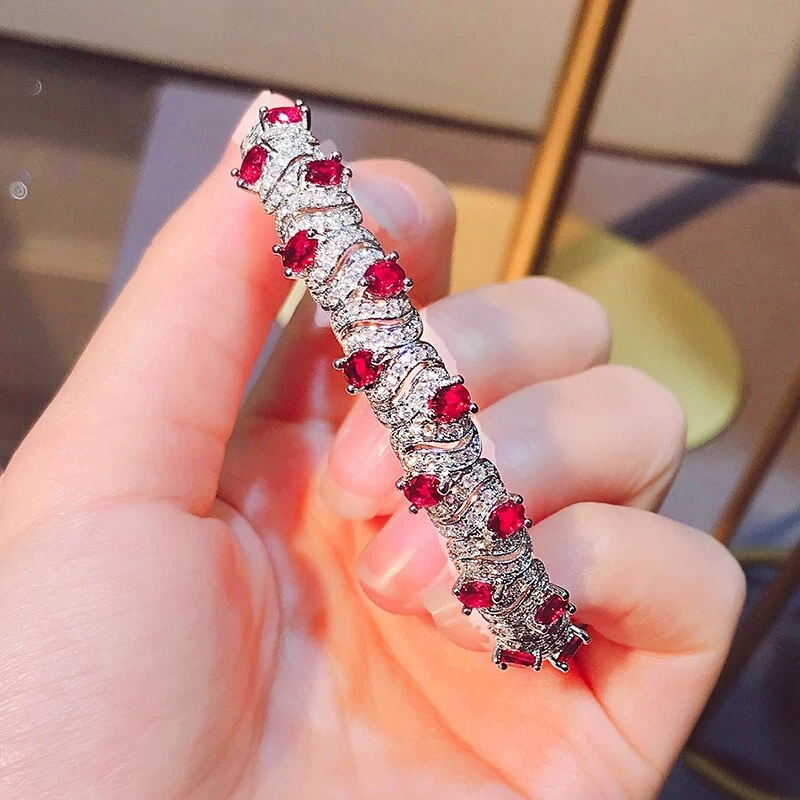Nuevo Brazalete Brazalete Clásico Madre Joyería Rojo Granate Gemas Lujo Mujer Plata Foto 2 de 4