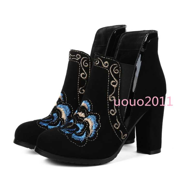 Bloque De Gamuza Real De Mujer Tacón Alto botas al Zapatos tobillo de flores bordado Tire de Nuevos Zapatos al 3eb06b Bloque De Gamuza Real De Mujer Tacón Alto botas al Zapatos tobillo de flores bordado Tire de Nuevos Zapatos al 3eb06b