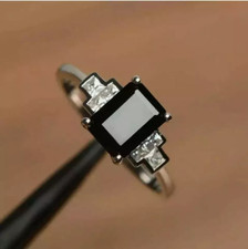 Emerald Cut Black Onyx  Lab Created Diamond Wedding 14Ct White Gold Finish Ring