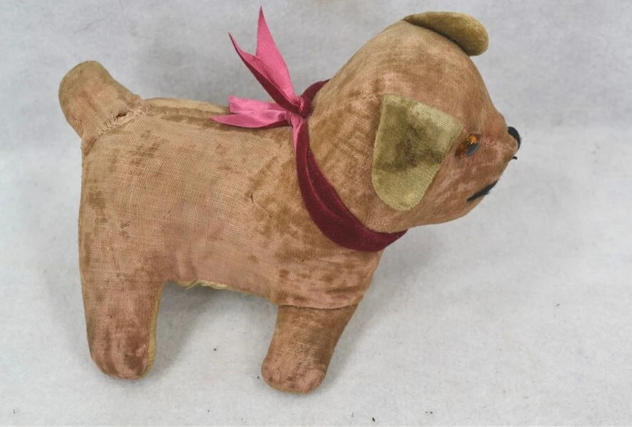 antiguo peluche de paja perro animal ojos de cristal beige 6 pulgadas de largo siglo XIX original Foto 2 de 4