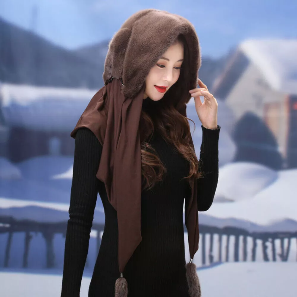 100 Mink Fur Hat Scarf One Female Winter Sweet Cute Shawl Cap Hood Fur Wrap