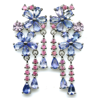 Edelstein Blau Tansanit & Rosa Saphir Ohrringe 925 Silber Weiß Gold