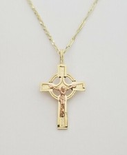 14K Real Two Tone Gold Crucifix Cross Pendant Necklace with Chain