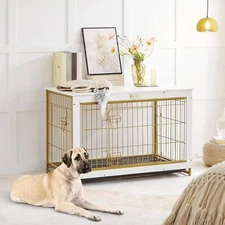 HOOBRO Dog Crate Furniture 38.6" Large Dog Kennel Indoor White Side End Table