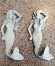 Two Cast Iron Mermaid Wall Hooks  Nautical Decor