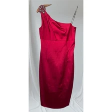 David Meister Red Satin One Shoulder Jeweled Cocktail Dress Size 4