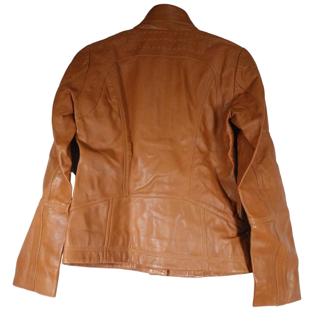 New Quince Women's Leather Stand Collar Jacket Cognac Brown Tan