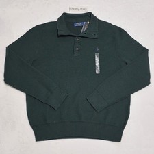 Polo Ralph Lauren Hunter Green Button Mock Neck Cotton Knit Sweater Men's Sz L