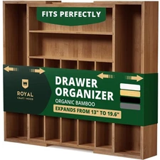 Luxury Bamboo Kitchen Drawer Organizer - Silverware Organizer - Utensil Holde...