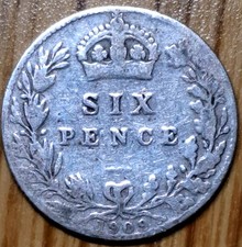 1909 King Edward VII Silver Sixpence tanner 6d, 2.6 grams Sterling Silver