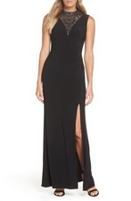 ADRIANNA PAPELL Black Beaded Lace Sheer V-Neck Mesh Chiffon Maxi Gown Dress 12M