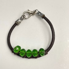 Vintage 90s Brown Leather Cord Bracelet Green Glass Beads Boho Silver Tone