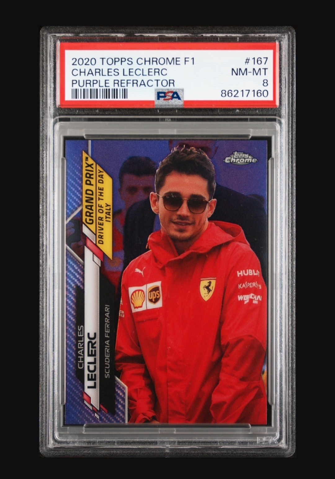 2020 TOPPS CHROME FORMULA 1 #167 CHARLES LECLERC PURPLE REFRACTOR PSA 8 view 1