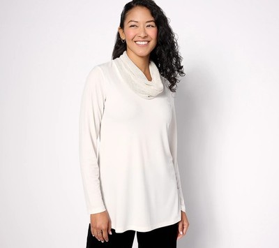 Susan Graver Sz XL Regular Liquid Knit Tunic with Sequin Cowl-Neck IVORY A623464