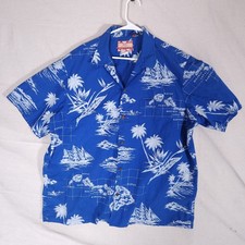 VTG RJC Mens Hawaiian Button Shirt 2XL Blue Palm Tree Map Aloha Hawaii USA