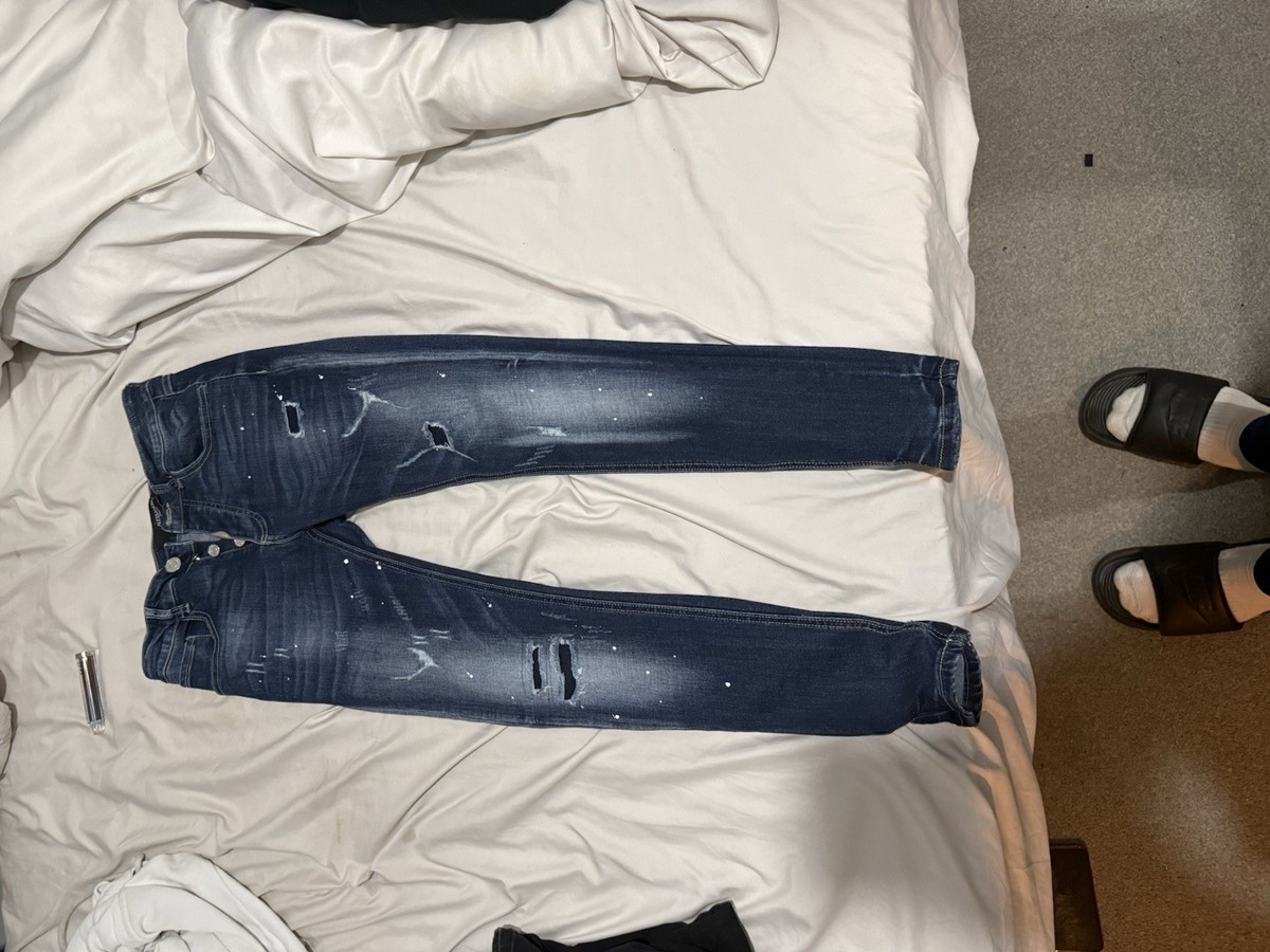 Alesandro Zavetti Men's Blue Painted And Ripped Skinny Jeans Size