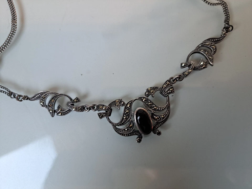 Muy Bonita, Vieja Cadena De Plata 925, Collar Con Ónix Y Marcasita - Imagen 3 de 4