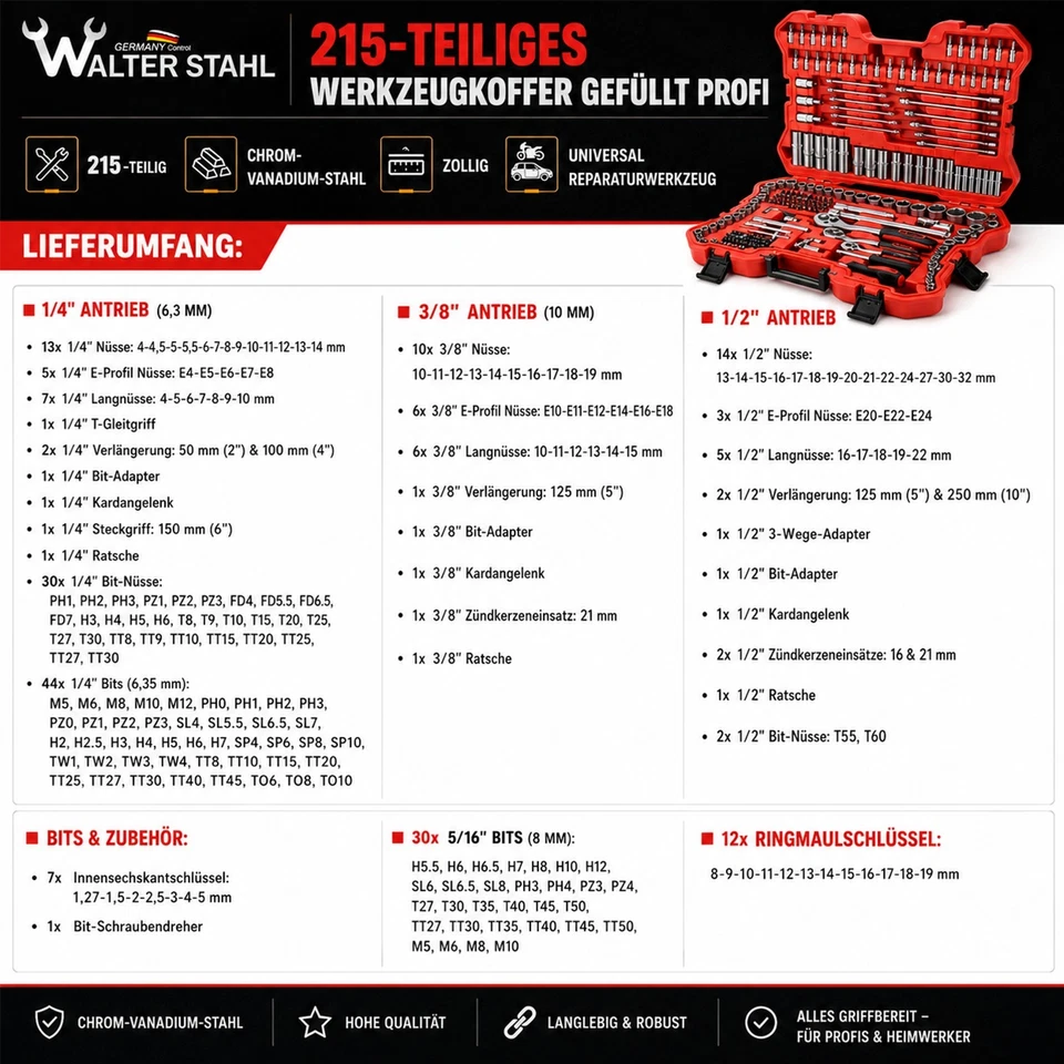 215tlg Werkzeugkoffer Steckschlüsselsatz 1/2" 3/8" 1/4" Knarrenkasten Nusskasten - Bild 3 von 4