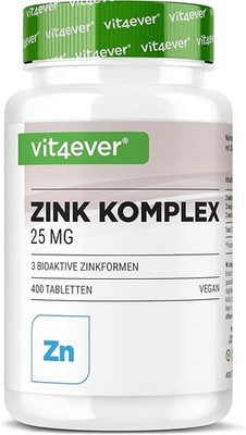 Zink Komplex 25mg - 400 Tabletten - Mit 3 bioaktiven Zink-Formen - vegan