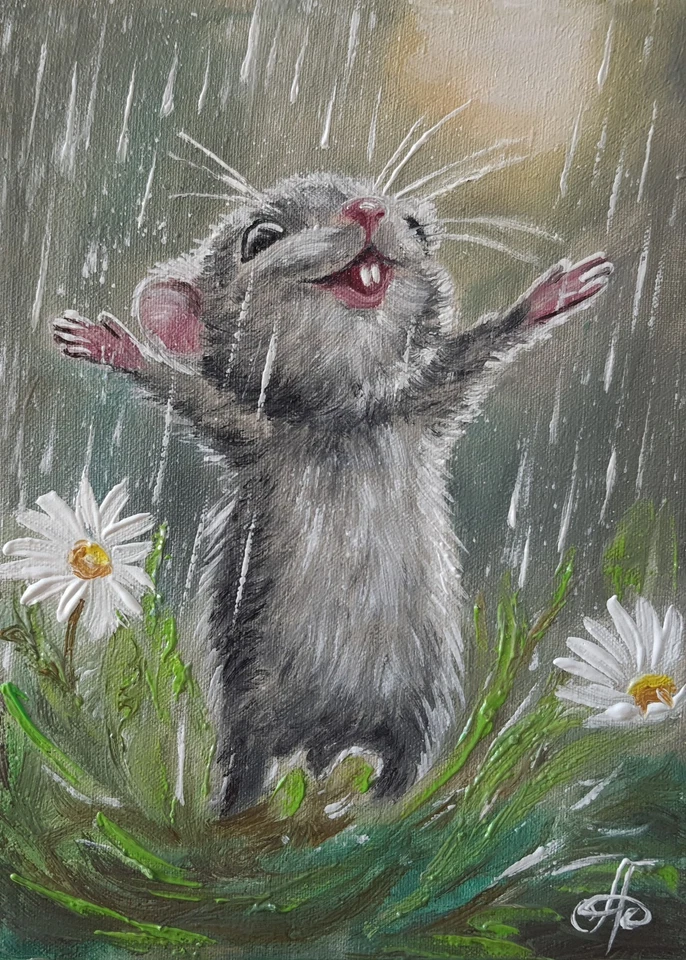 Original Oil Animal Painting Cute Mouse Art Whimsical Rain Nature Floral Canvas - image 2 of 4