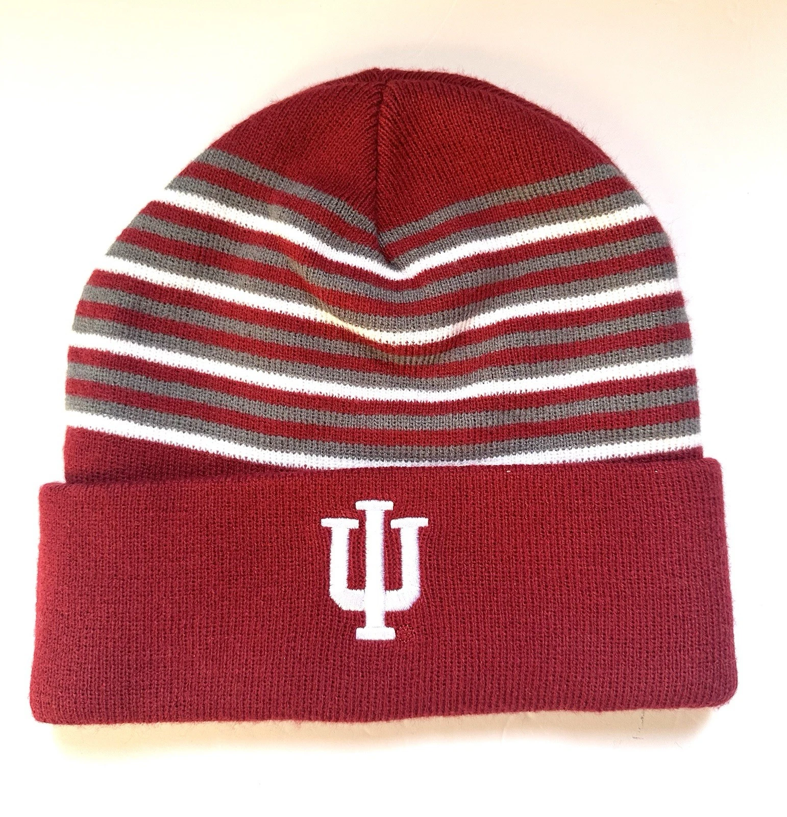 Indiana Hoosier Knit Striped Cuffed Beanie Hat Red Gray one Size Unisex Adult