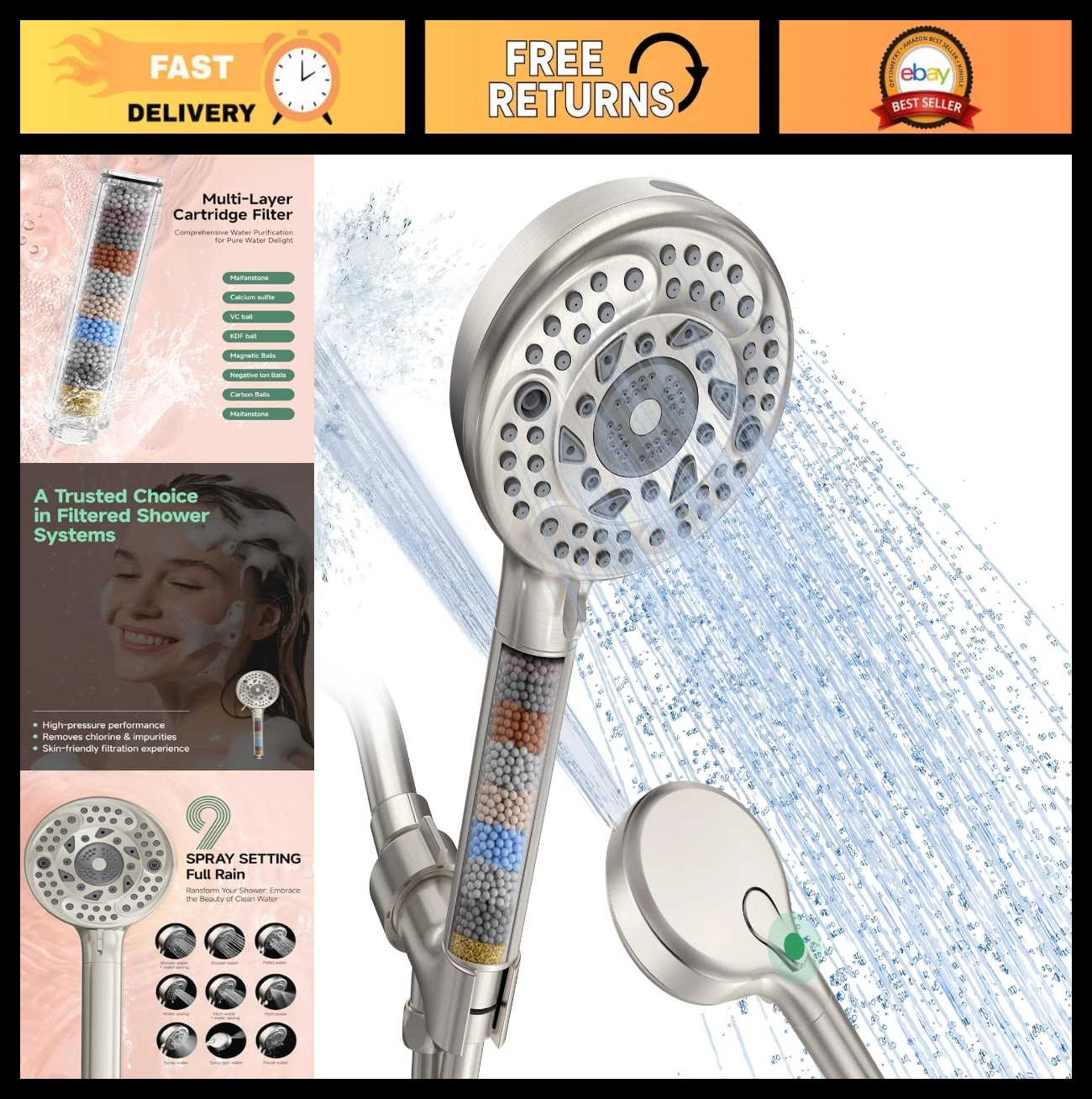 High Pressure Filtered Shower Head, 9-Spray Handheld, Chlorine Removal for Hard