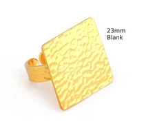 Square Hammered Adjustable Ring Blank Bezel Base - Shiny Gold Plated Brass 4934