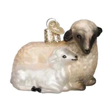Old World Christmas SHEEP WITH LAMB (12414) Glass Ornament w/OWC Box