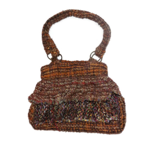 PER UNA tweed bag clutch boho bohemian artisan brown boucle lagenlook ruffled - Picture 1 of 3